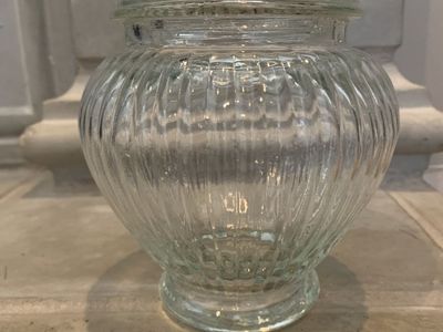 Vintage Ribbed Clear Glass Apothecary Jar Canister with Lid Vanity Retro Look 7 1/4"