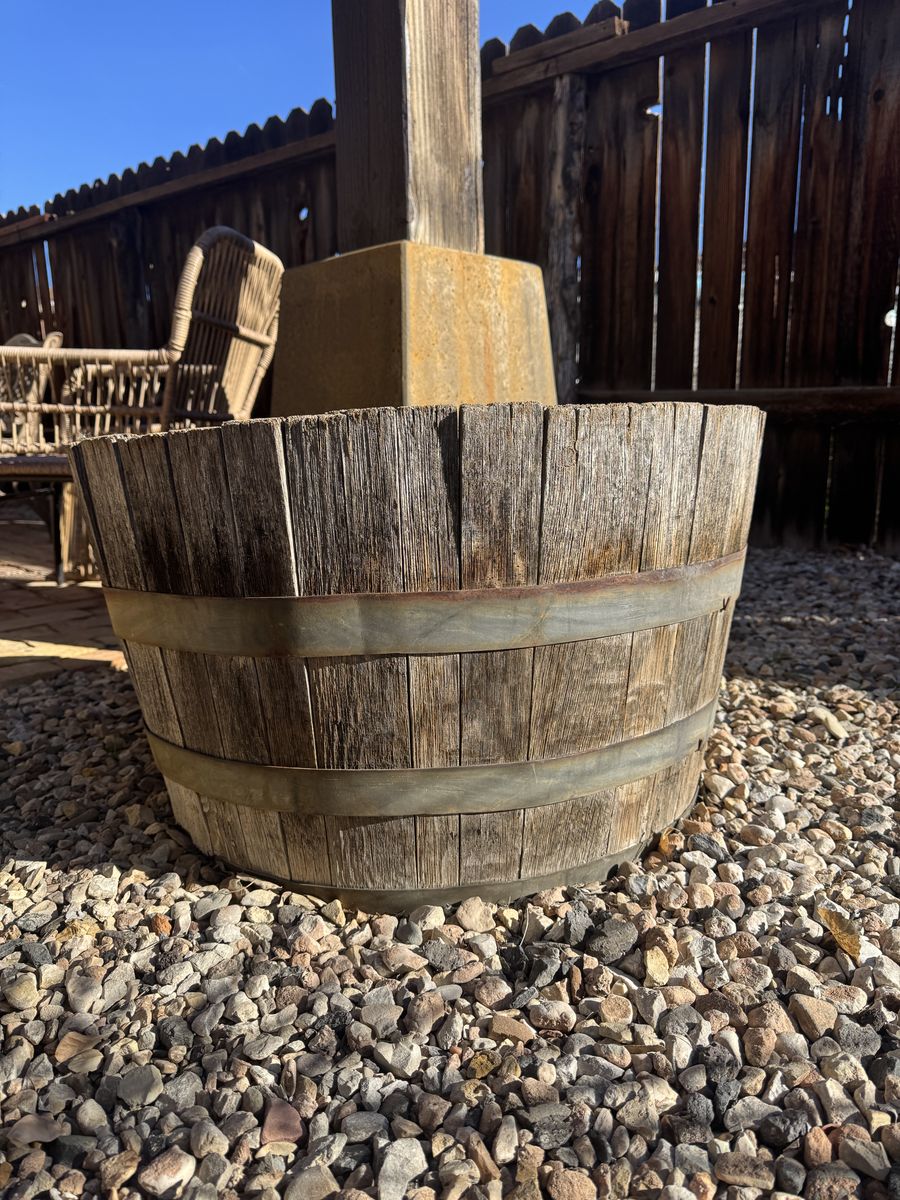 Whiskey barrel flower pots