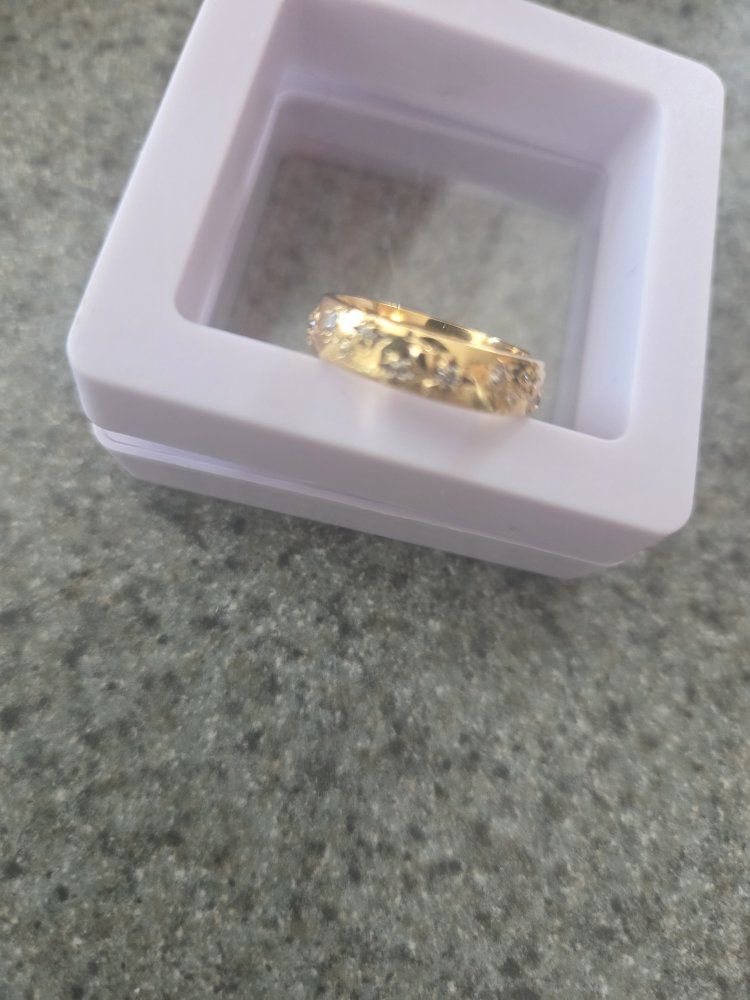 Gold colored sterling silver Band Ring with Small Stone Accents in Display Box