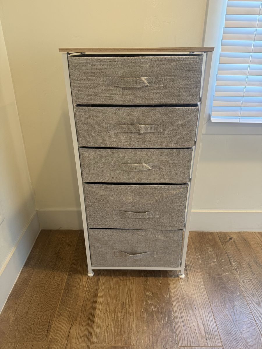 Slim Storage Tower with 5 Fabric Drawers - Gray & White Organizer for Small Spaces