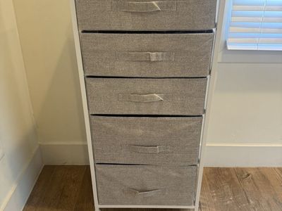 Slim Storage Tower with 5 Fabric Drawers - Gray & White Organizer for Small Spaces