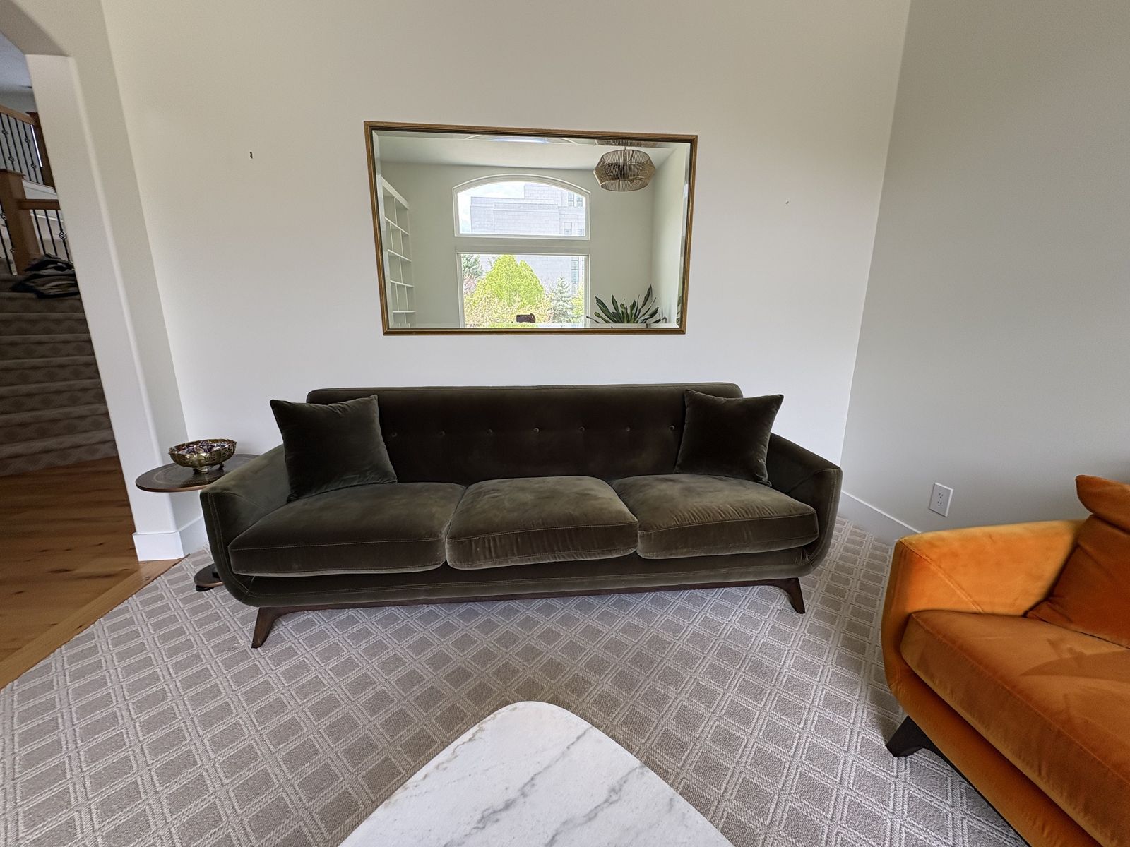 Used for staging Falkirk Mid Century Modern Olive Green Velvet Fabric Sofa $750 cash/venmo in Draper