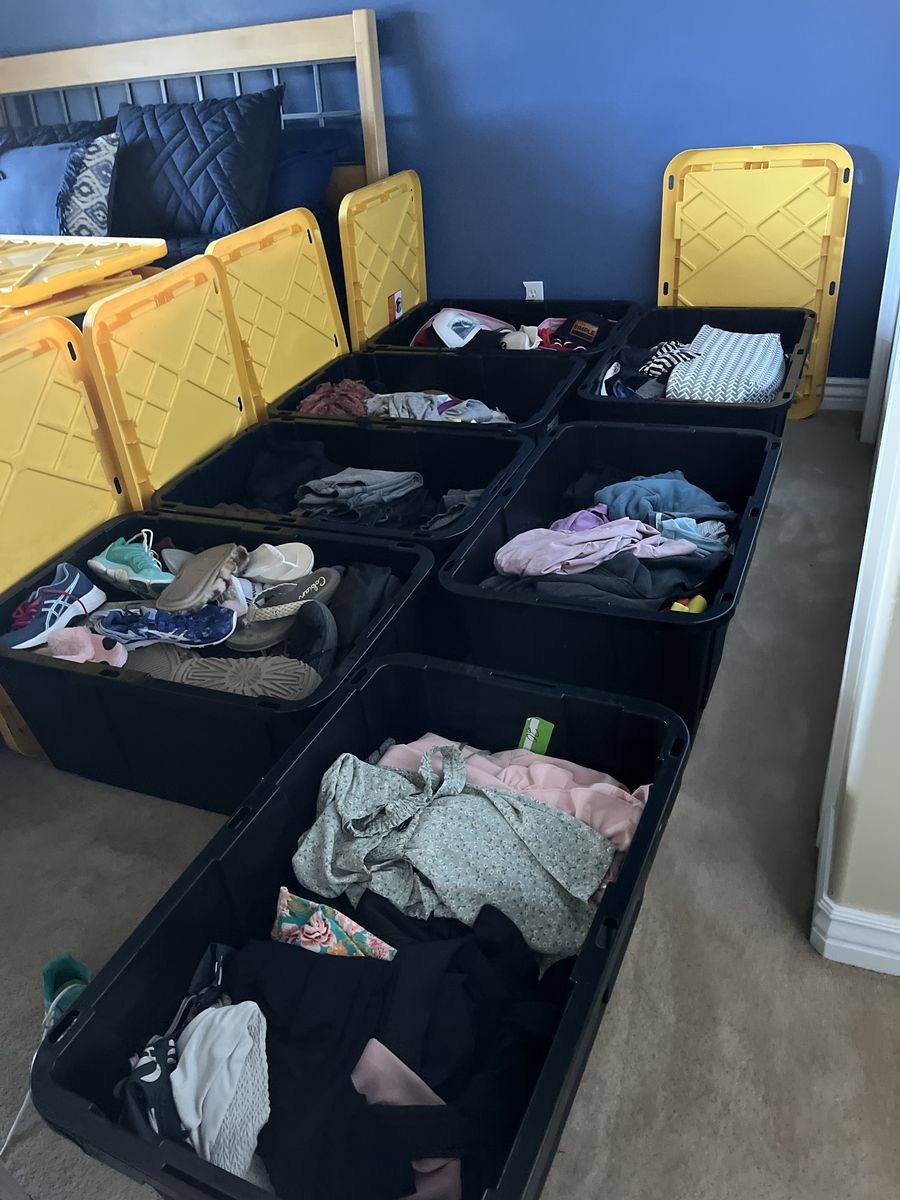 Multi-Item Garage Sale Bins - Clothing, Shoes & Misc