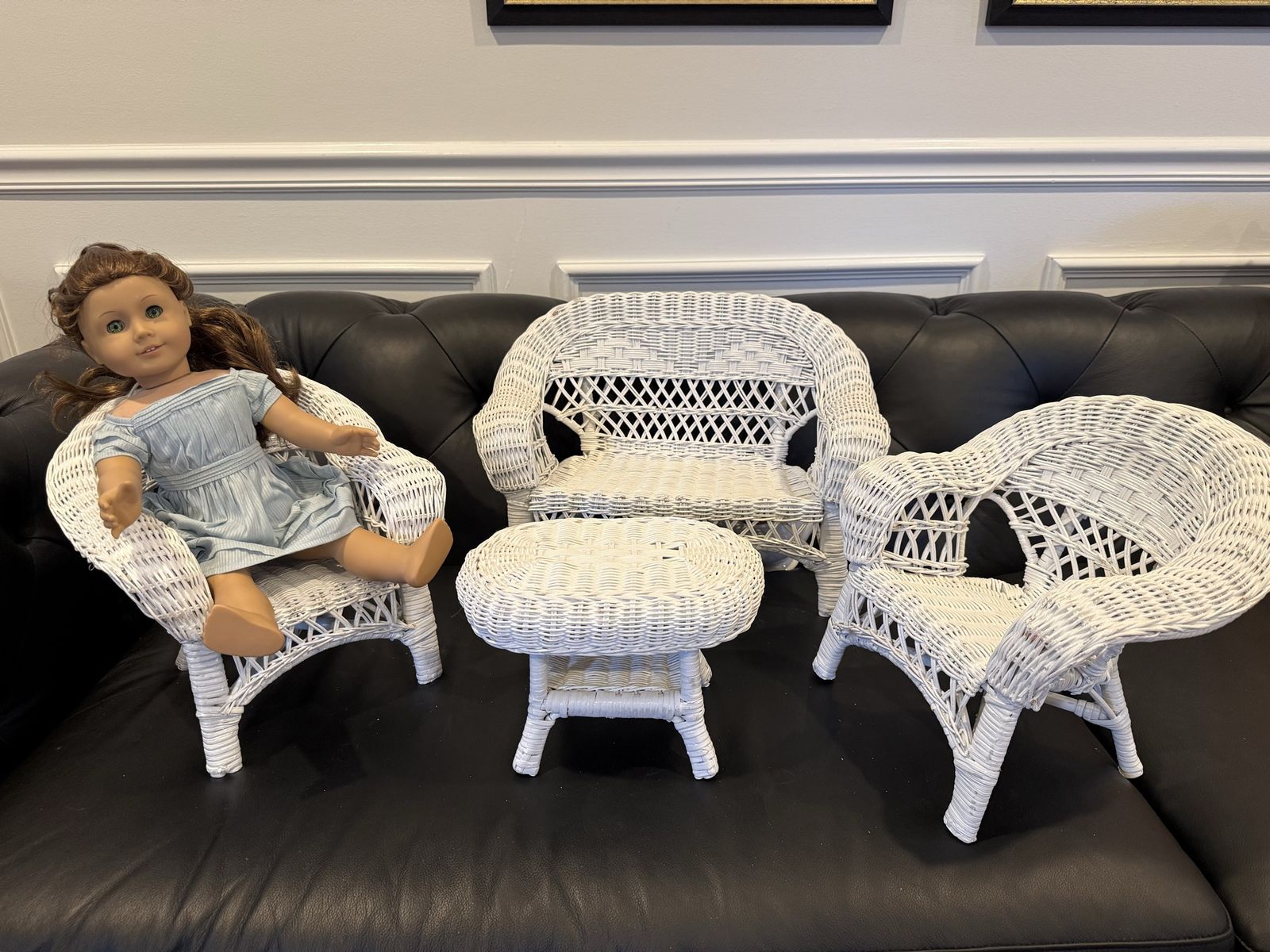 White Wicker Doll Furniture Set - Sofa, 2 Chairs, and Table