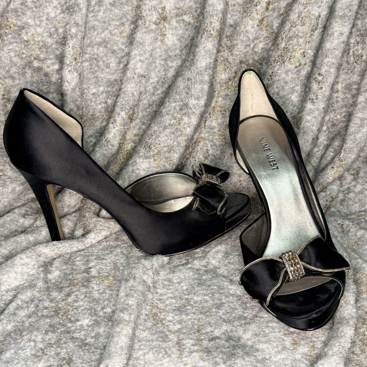 Nine West Black Bow Detail Open-Toe Formal Heels - Size 8.5