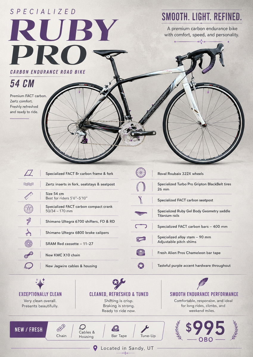 Specialized Ruby Pro Carbon Road Bike – FACT Carbon – Ultegra – 54 cm