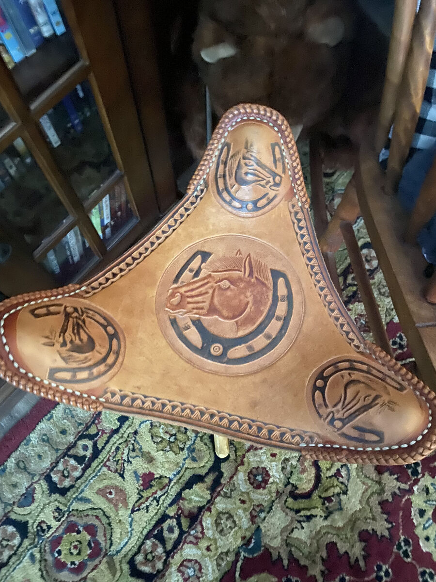 Vintage Hand Tooled Leather Tripod Seat With Embossed Vintage Horse Decoration