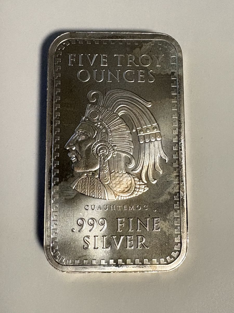 5 Troy Ounce .999 Fine Silver Bar — Cuauhtémoc Design