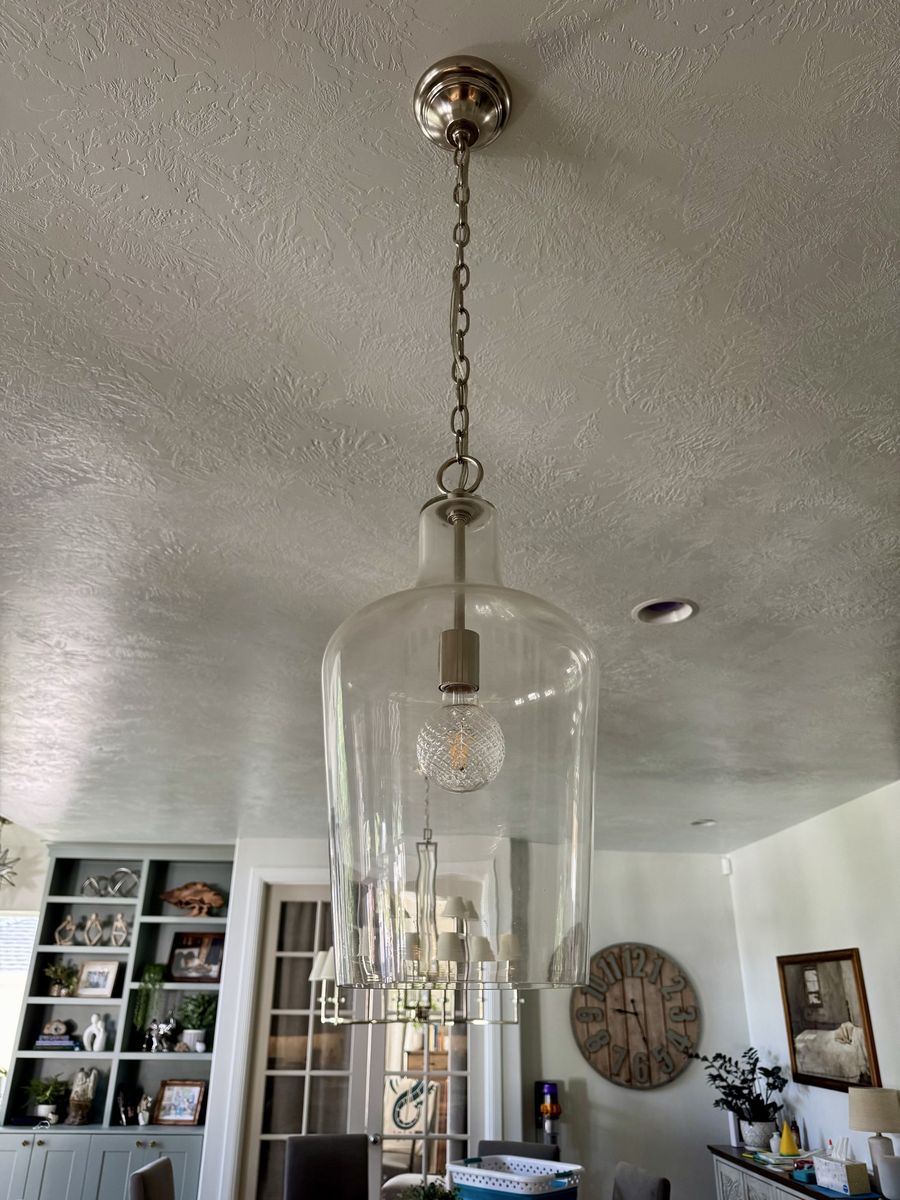 Glass Jar Pendant Light Fixture - Clear Bell Jar Shade, Brushed Nickel Hardware. 3 in total