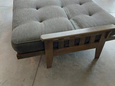 Tucson Futon in Rustic Walnut with Linen Charcoal Mattress Full Size Bed, in great condition