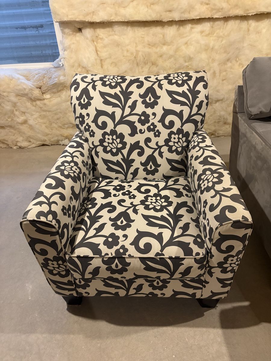 Dark Gray and White Floral Pattern Accent Armchair