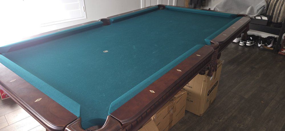 Spencer Marston Billiards Slate Pool Table with Teal Felt and Carved Wood Trim
