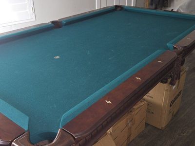 Spencer Marston Billiards Slate Pool Table with Teal Felt and Carved Wood Trim