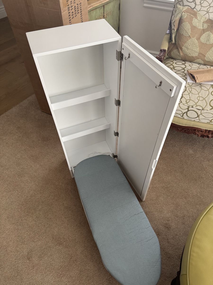 White Wall-Mounted Ironing Board Cabinet with Built-in Mirror and Shelves