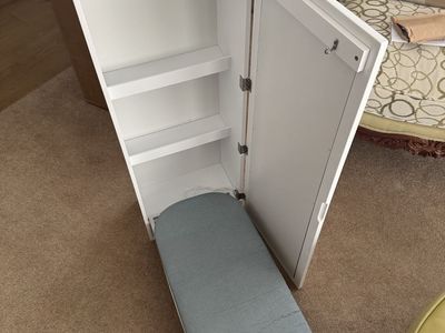 White Wall-Mounted Ironing Board Cabinet with Built-in Mirror and Shelves