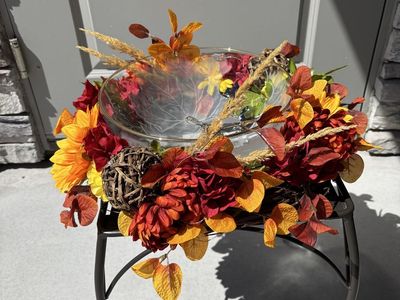 Autumn Floral Wreath with Clear Embossed Glass Centerpiece Bowl