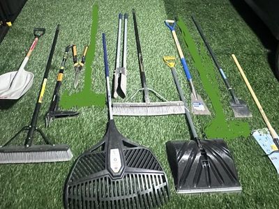 Assorted Lawn & Garden Hand Tools Bundle - Shovels, Rakes, Brooms, Post Hole Digger & Trimmers, lightly used. *Prices vary*