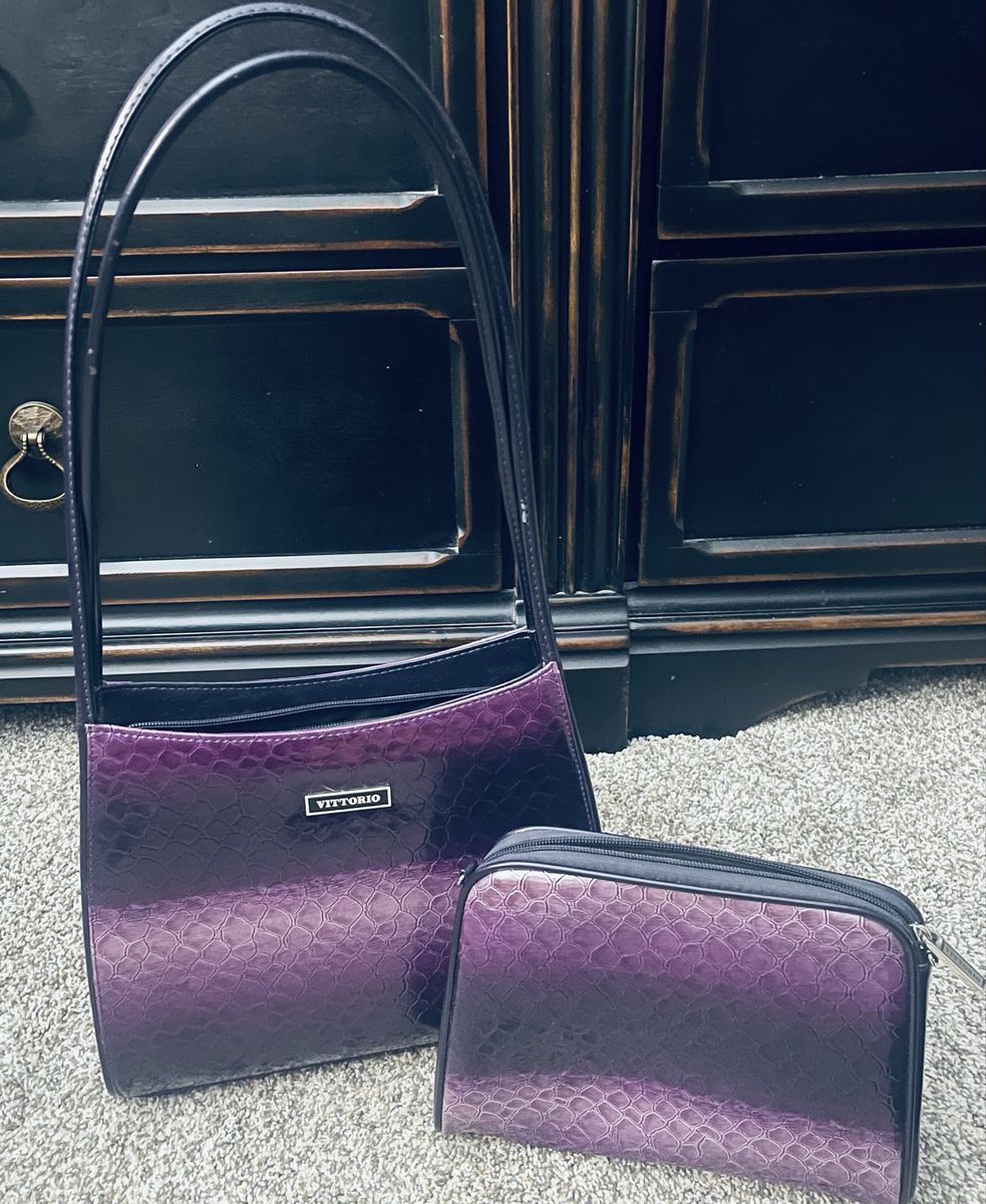 Vittorio Purple Croc Embossed Shoulder Bag & Matching Pouch - UsedGood