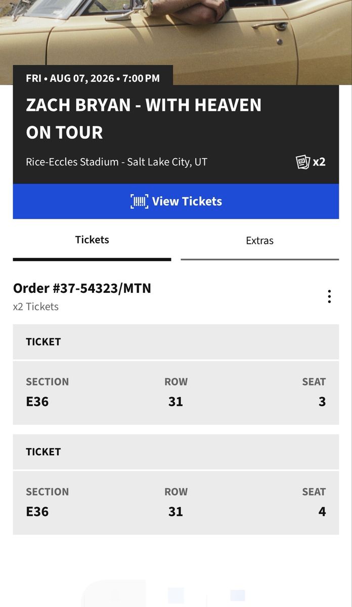 Zach Bryan concert tickets 8/7 7:00pm center seats