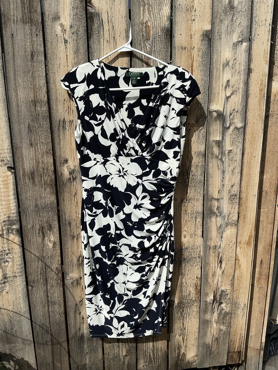Lauren Ralph Lauren Black White Floral Ruched Sheath Dress Sz 10
