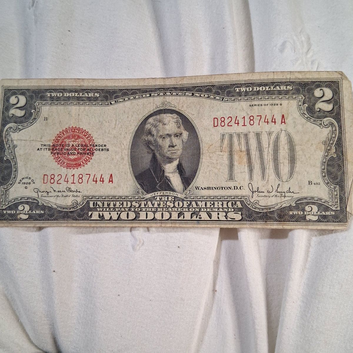 Vintage Series of 1928 G Red Seal $2 Two Dollar Bill United States Note