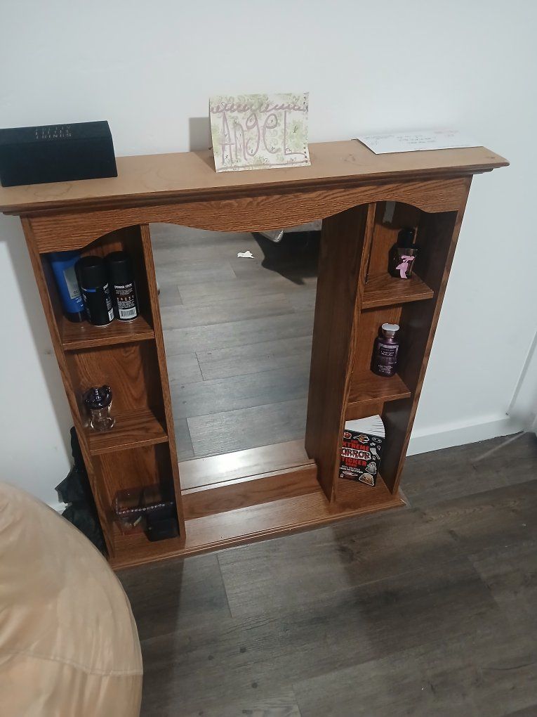Oak Wood Wall Mirror with Integrated Shelves - Versatile Storage Solution