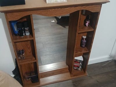 Oak Wood Wall Mirror with Integrated Shelves - Versatile Storage Solution