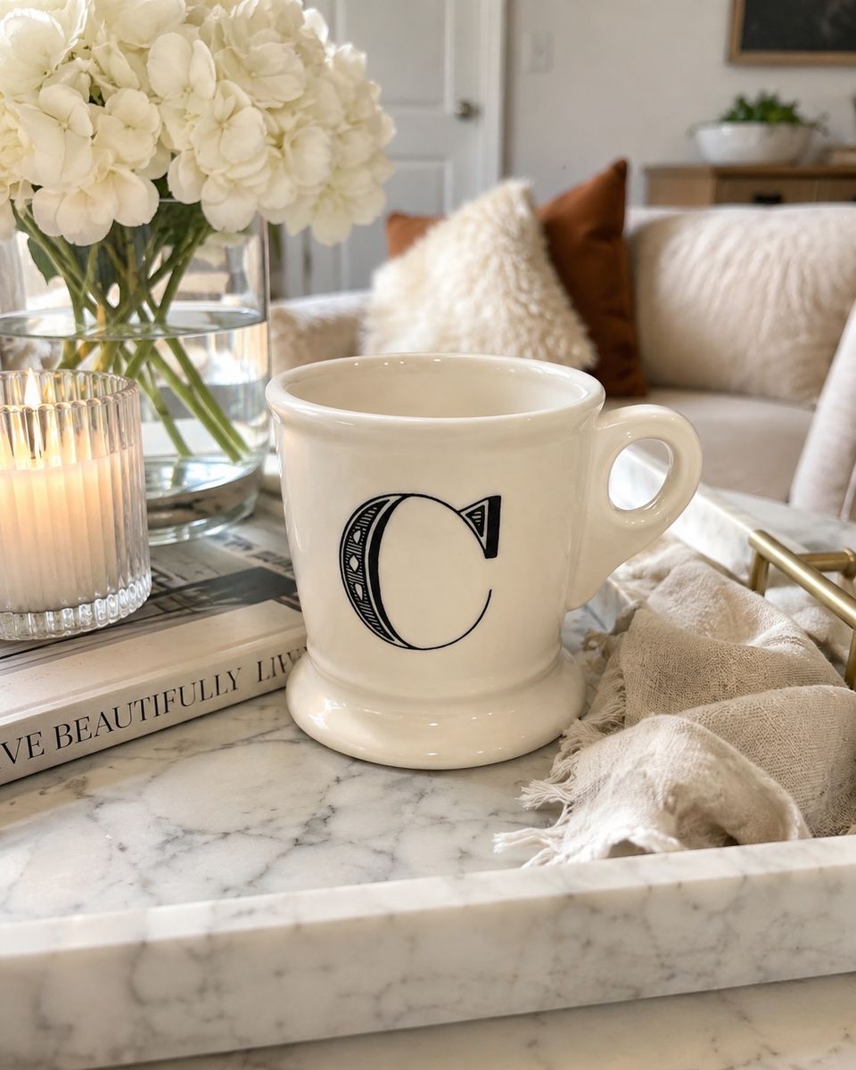 Ceramic Monogram Coffee Mug Letter C White with Black Print Heavy Base