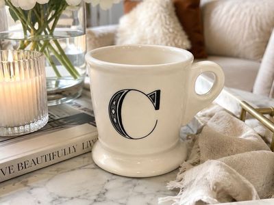 Ceramic Monogram Coffee Mug Letter C White with Black Print Heavy Base