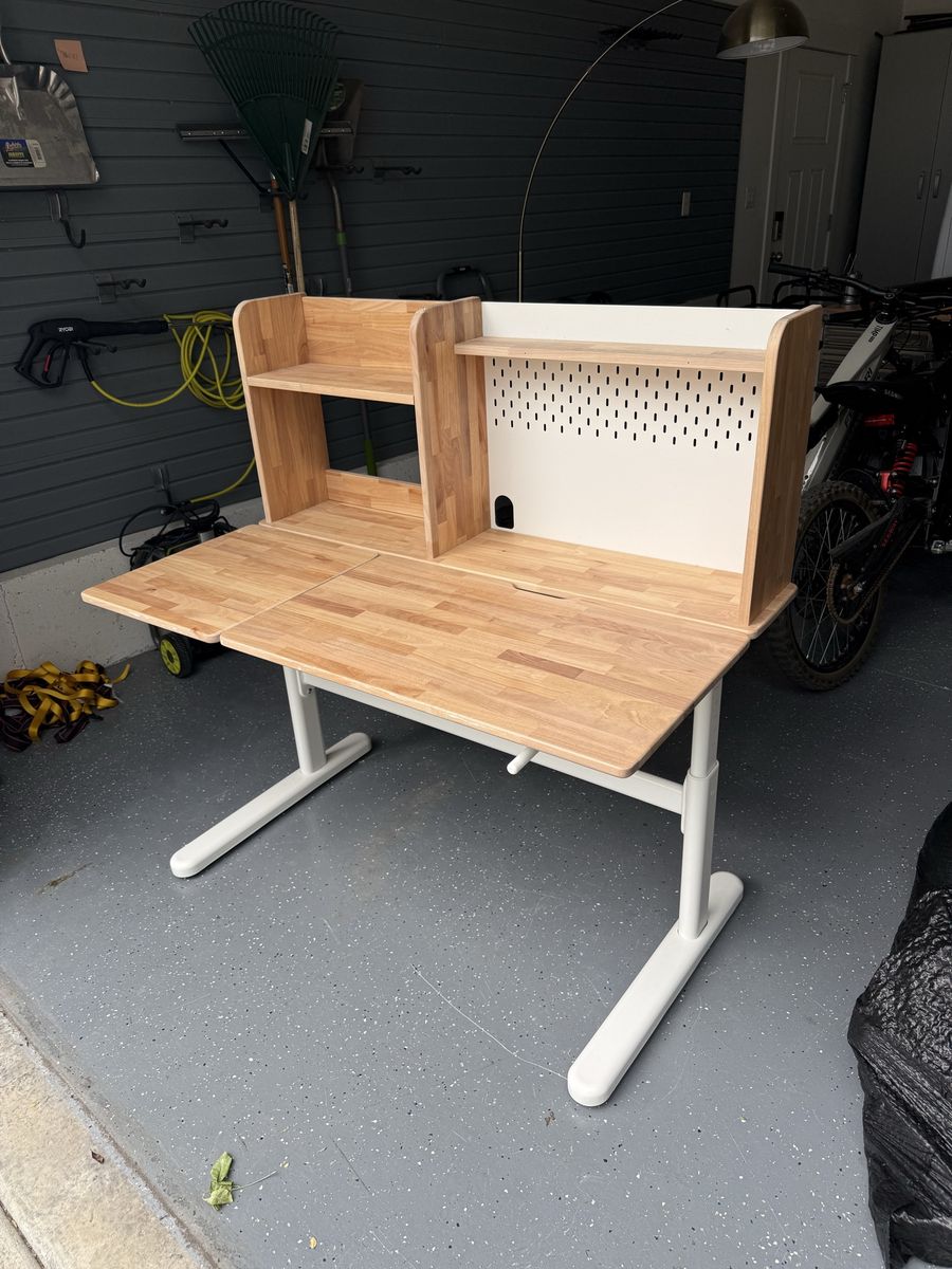 IKEA UTESPELARE Gaming Desk with Adjustable Height, Pegboard, and Shelves - Birch/White