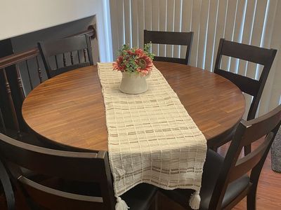 Round Wooden Dining Table with Storage Base and 6 Chairs
