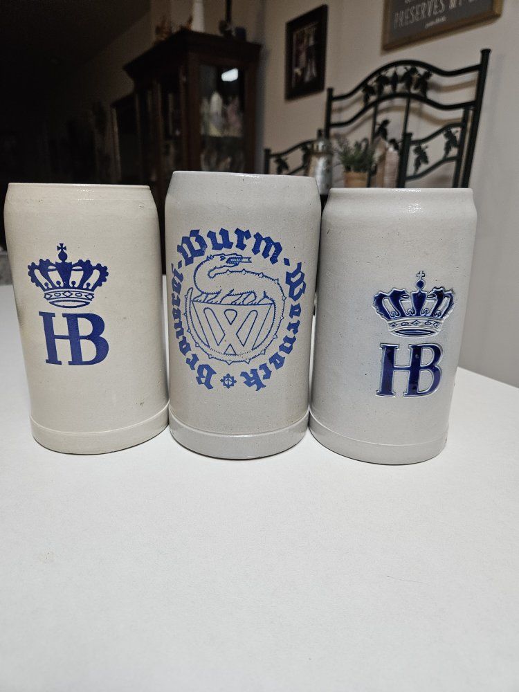 Vintage German Beer Steins Ceramic Mugs Set of 3 - HB & Wurm-Bremen Design