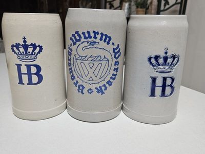Vintage German Beer Steins Ceramic Mugs Set of 3 - HB & Wurm-Bremen Design