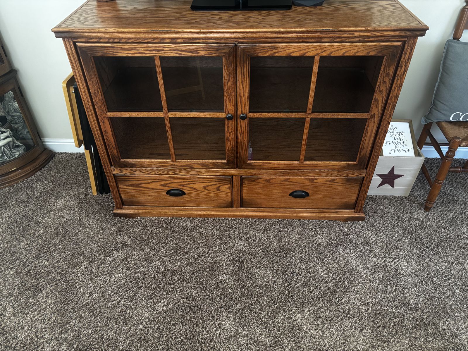 Oak Finish Wood Media Console Cabinet with Glass Doors & 2 Drawers