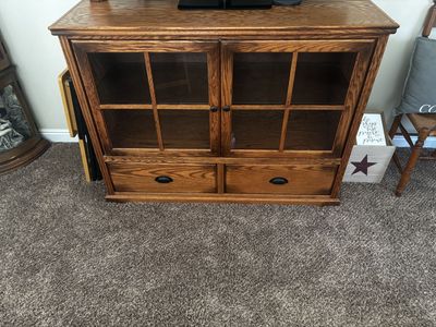 Oak Finish Wood Media Console Cabinet with Glass Doors & 2 Drawers