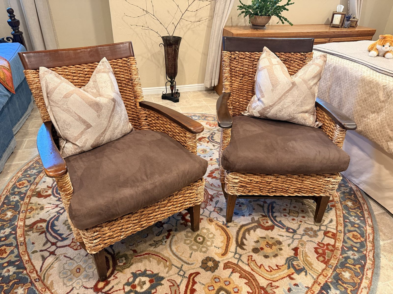 Wicker Armchairs with Dark Wood Frame & Brown Cushions - Set of 2