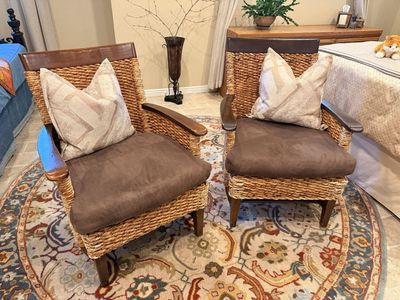 Wicker Armchairs with Dark Wood Frame & Brown Cushions - Set of 2