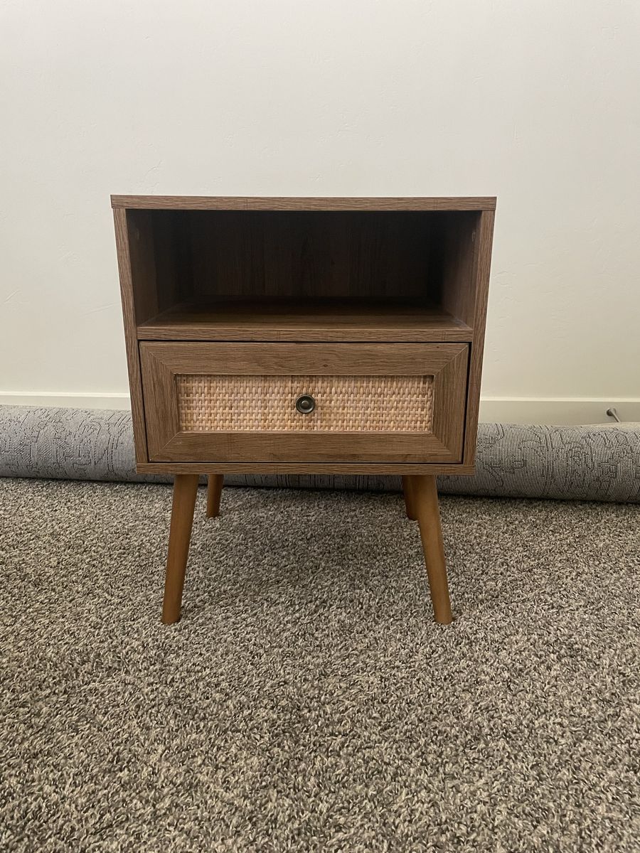Set of 2 Wooden Nightstand with Rattan Drawer and Storage Shelf