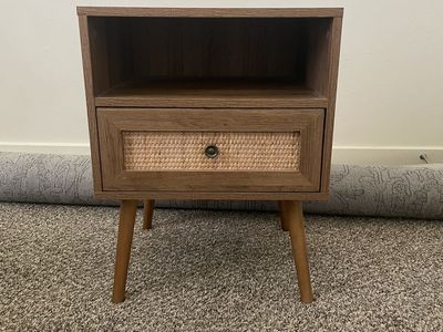 Set of 2 Wooden Nightstand with Rattan Drawer and Storage Shelf