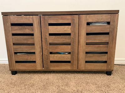 Rustic Wood Slatted Door Cabinet - Versatile Storage Console