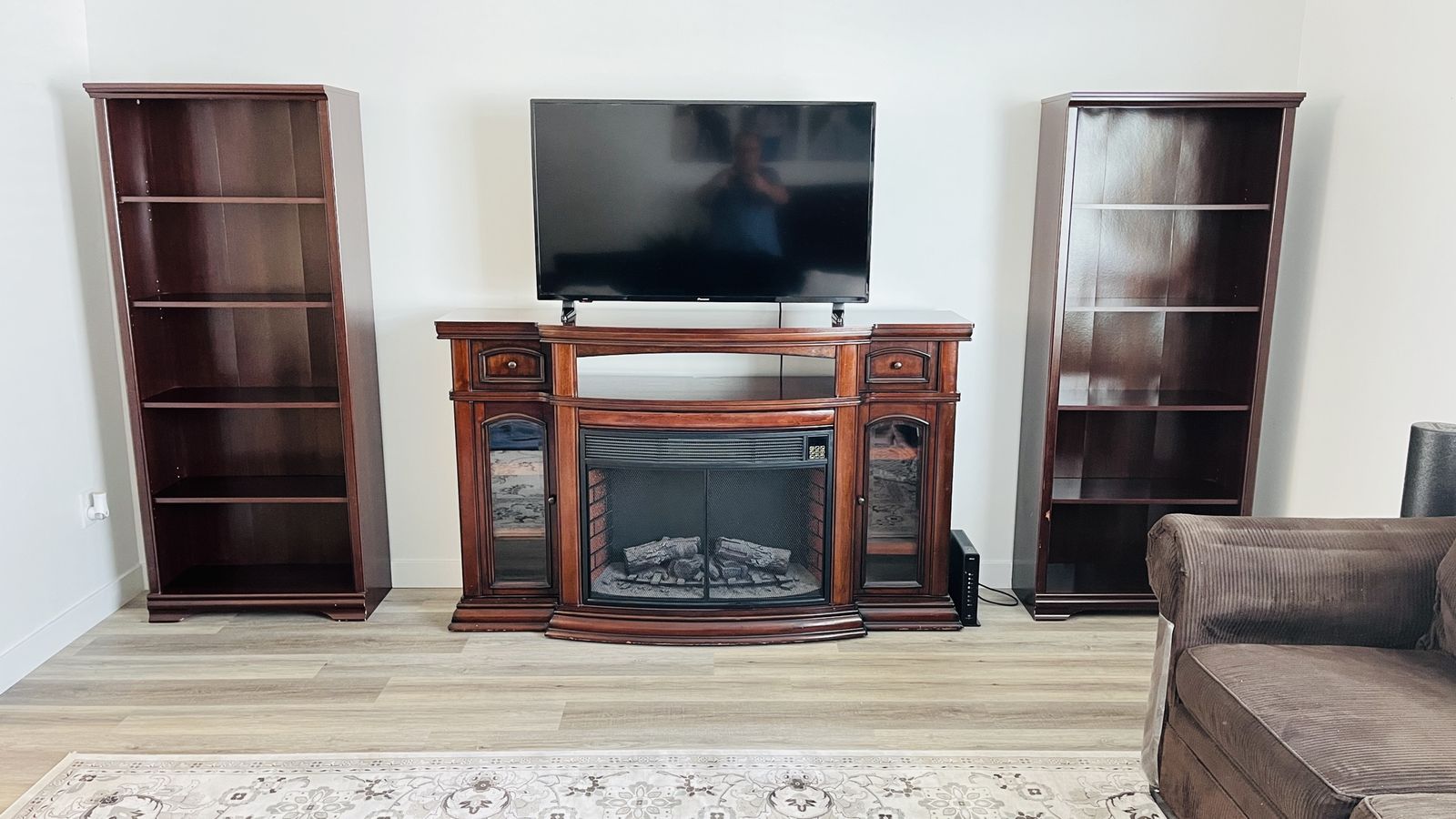 Electric Fireplace TV Stand with 2 Bookcases - Rich Mahogany Finish, Remote Control Included