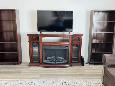 Electric Fireplace TV Stand with 2 Bookcases - Rich Mahogany Finish, Remote Control Included