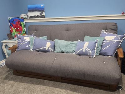 $300 OBO: Brentwood Tray Arm Queen Size Wood Futon Frame and Storage Drawers
