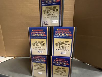 Barnes Tipped TSX BT .338 Caliber 225 Grain Bullets - Lot of 4 1/2 Boxes.