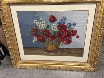 Vintage Needlepoint Artwork-Red Poppies