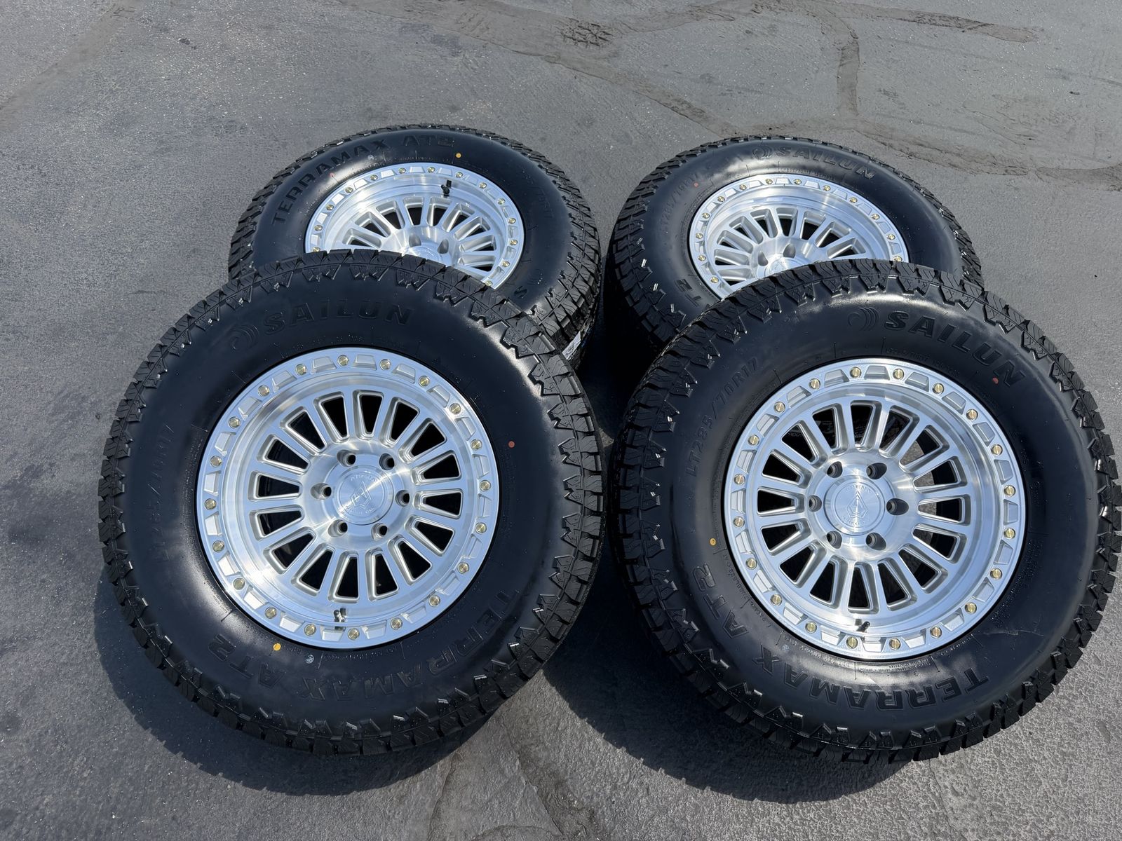 New Silver Arena Podium LT285/70r17 Terramax AT2 6x135 Ford F150 6 lug F 150 wheels and tires 3 peak all season rated