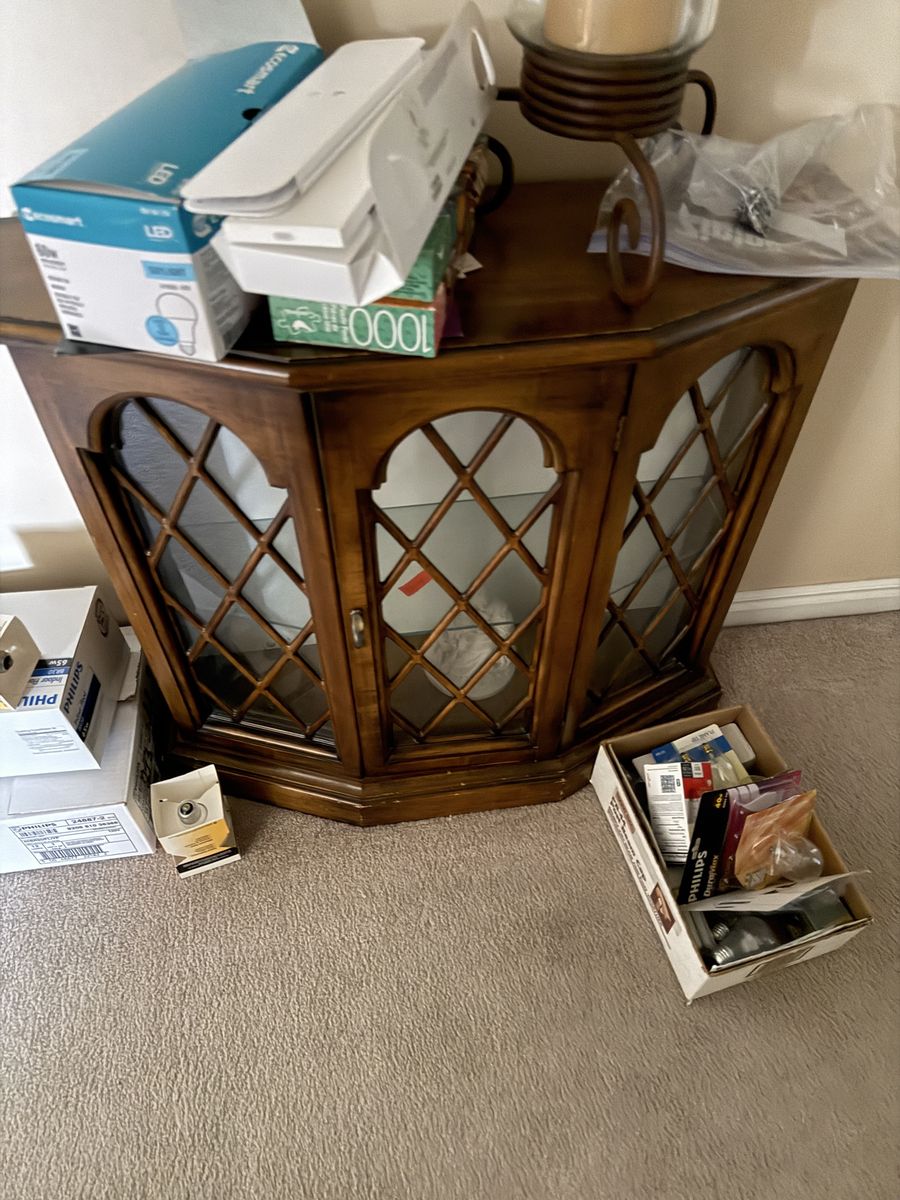Ornate Wooden Display Cabinet / Console Table with Glass Doors - Excellent Condition