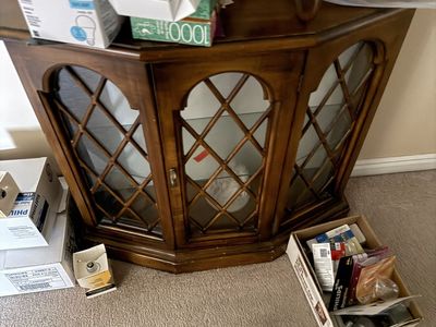 Ornate Wooden Display Cabinet / Console Table with Glass Doors - Excellent Condition