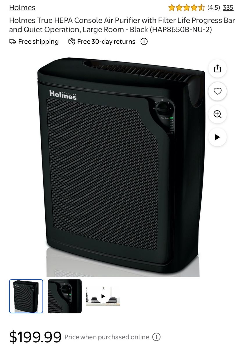 Holmes True HEPA Console Air Purifier HAP8650B-NU-2 Black Large Room Cash Only