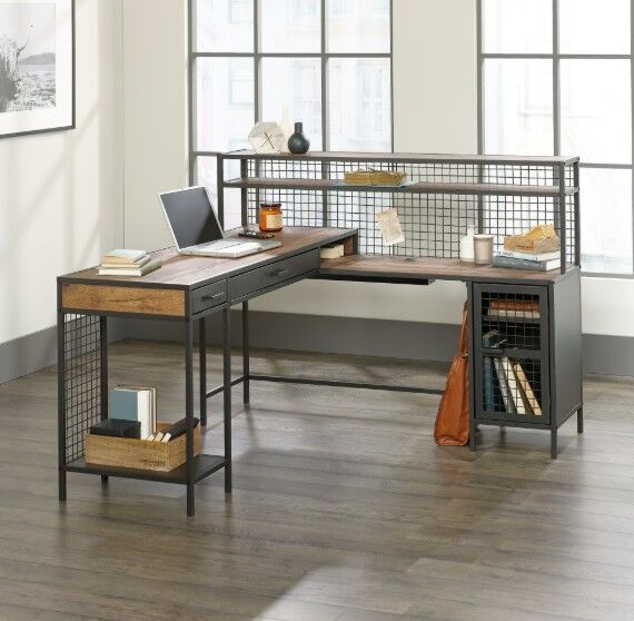 Industrial L-Shaped Desk with Hutch & Storage